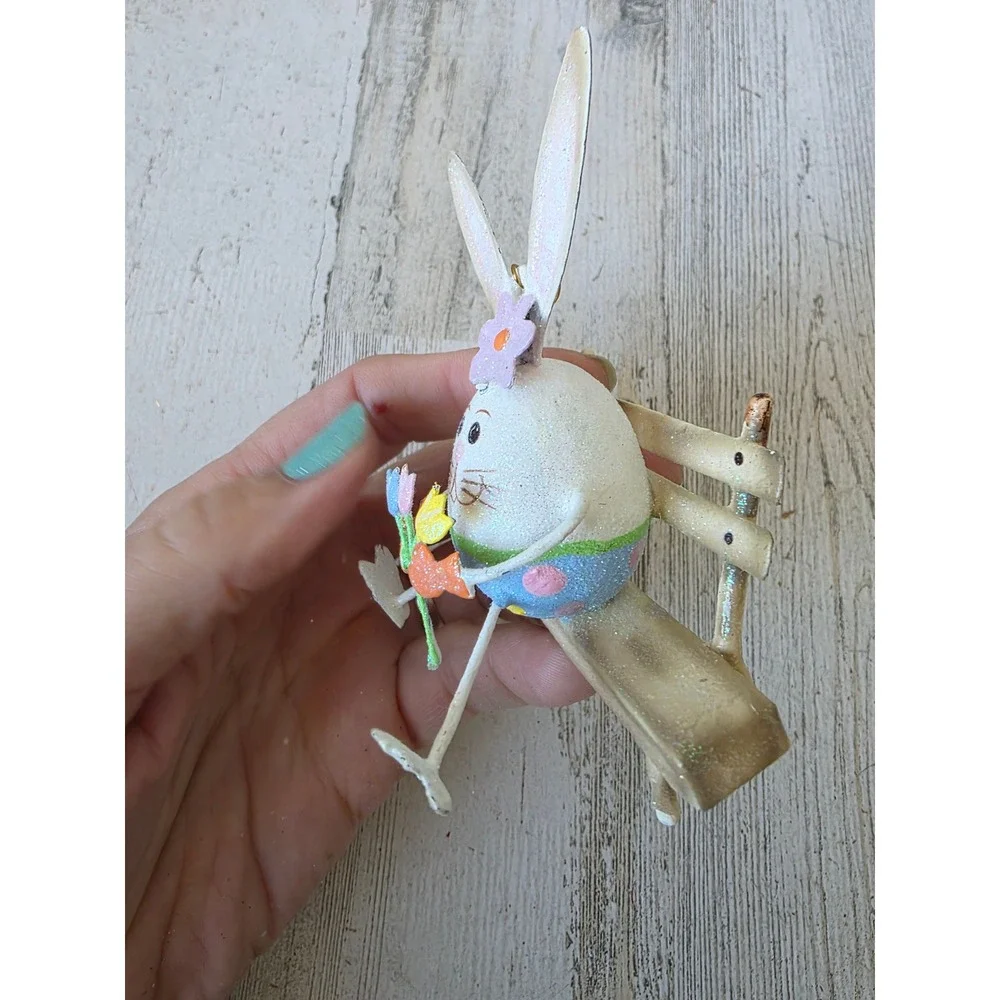Vintage Pier 1 Easter Bunny bench RARE spring metal ornament glitter rabbit